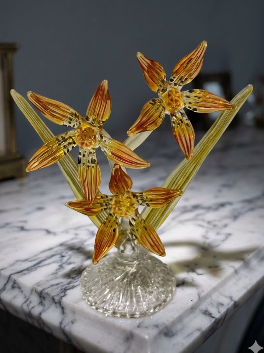 Handblown Glass Lily Flower Sculpture in Amber and Green
5”